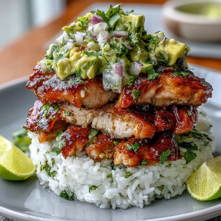Perfectly grilled chicken thighs rest on a bed of fluffy jasmine rice, topped with a chunky avocado salsa for this Tangy Honey Lime Chicken & Avocado Rice Stack. A drizzle of extra marinade and fresh lime zest finish the look.