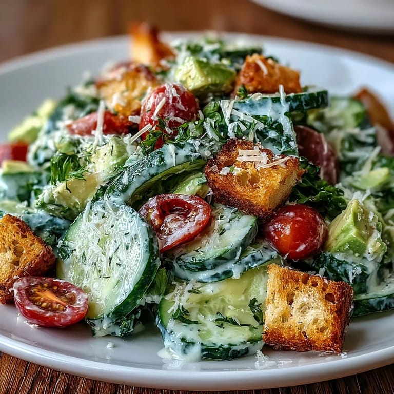 Bright overhead shot of Cucumber Caesar Salad with diced avocado and halved cherry tomatoes, a refreshing low-carb lunch or elegant side dish for summer gatherings.