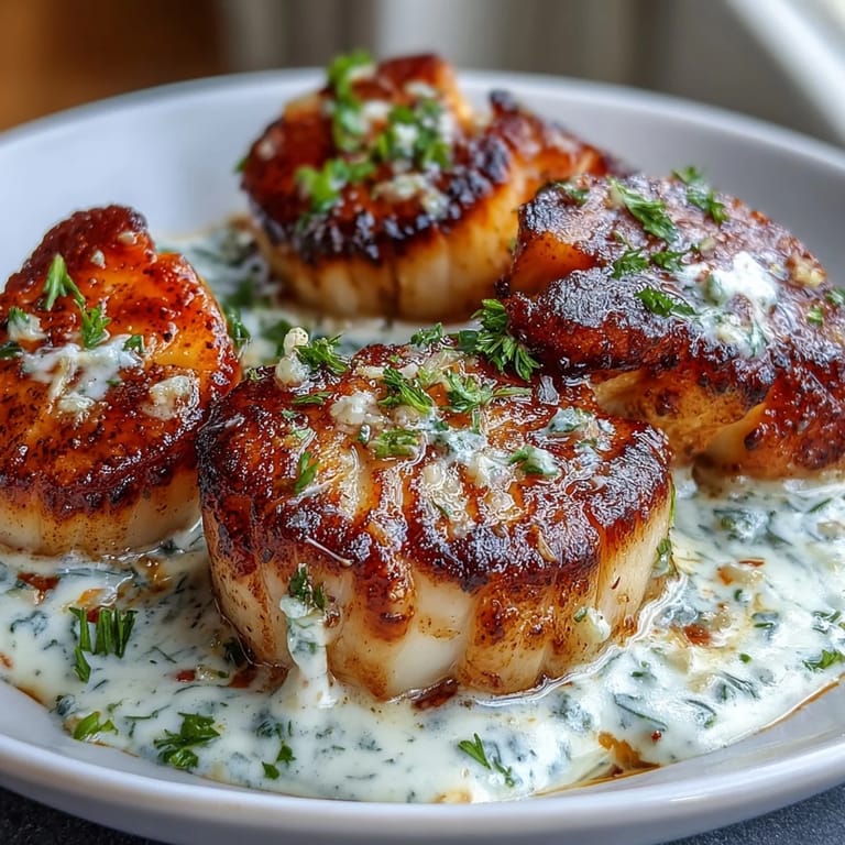 A serving of seared scallops with spicy Cajun cream sauce next to crusty bread for dipping.