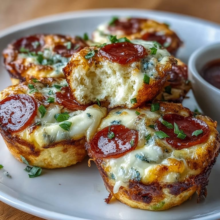 A close-up of High-Protein Pepperoni Breakfast Cups on a plate, garnished with fresh herbs and a side of warm pizza sauce for dipping.