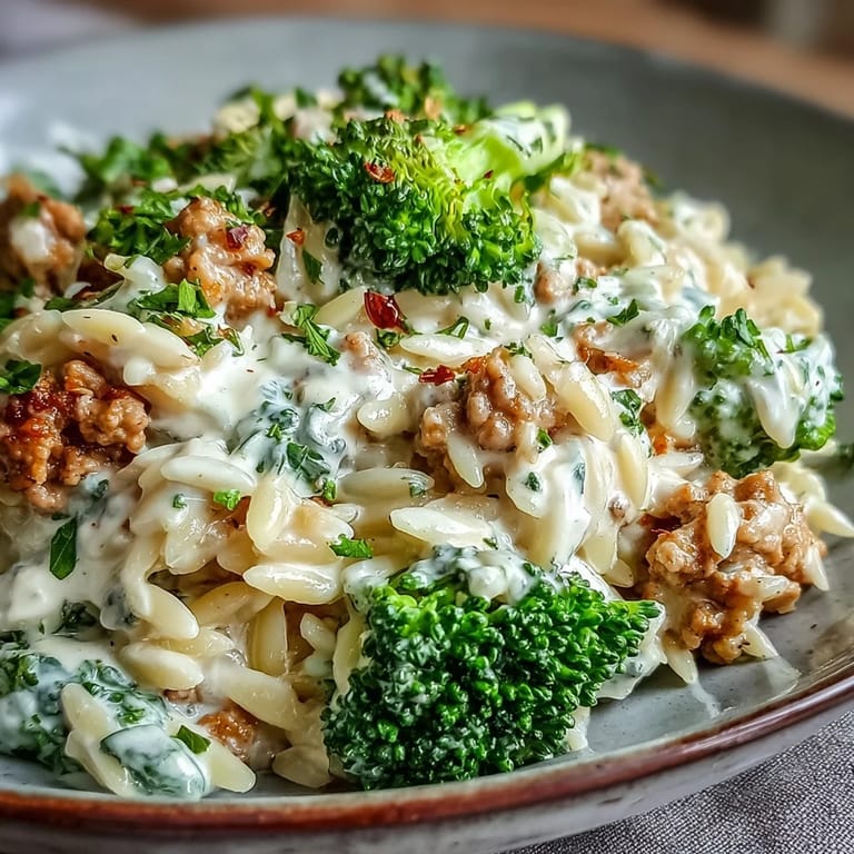 Fresh parsley and grated parmesan garnish the steaming Creamy Garlic Turkey & Broccoli Orzo, served warm for a comforting dinner.