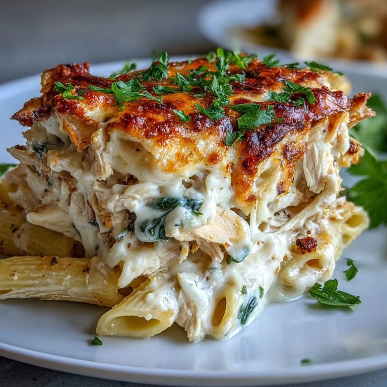 A fork lifts a cheesy scoop of Greek Yogurt Chicken Alfredo Bake, showcasing tender chicken and al dente pasta coated in a tangy, high-protein Greek yogurt sauce.