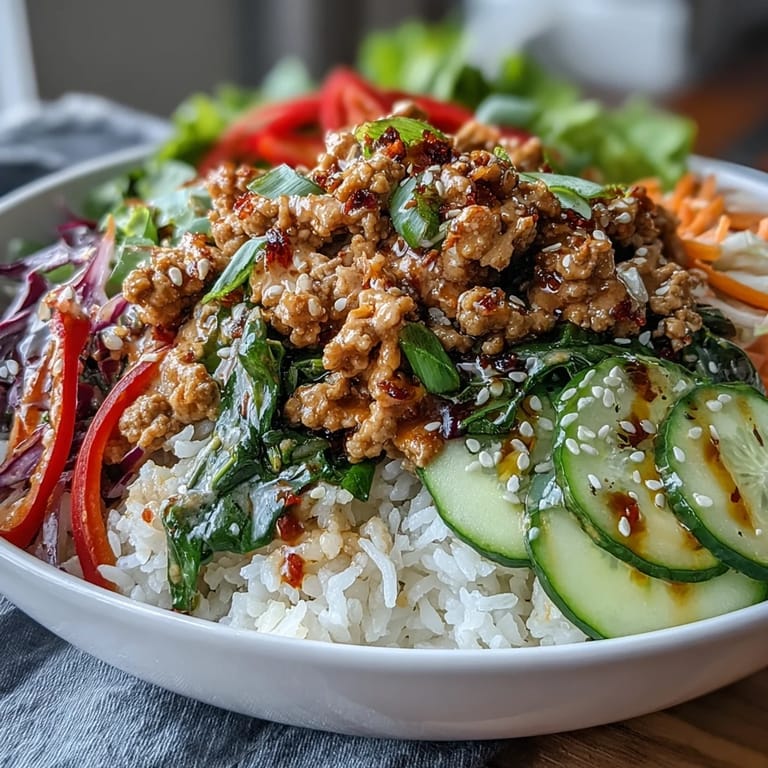 Plated Spicy Bang Bang Turkey Rice Bowls featuring sautéed ground turkey, shredded carrots, cucumbers, and lime.