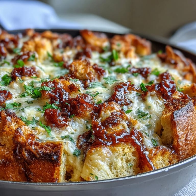 Close-up of Cheesy Garlic Bread Lasagna Skillet showing melted cheese pull, saucy layers, and buttery garlic bread cubes in a cast iron pan.