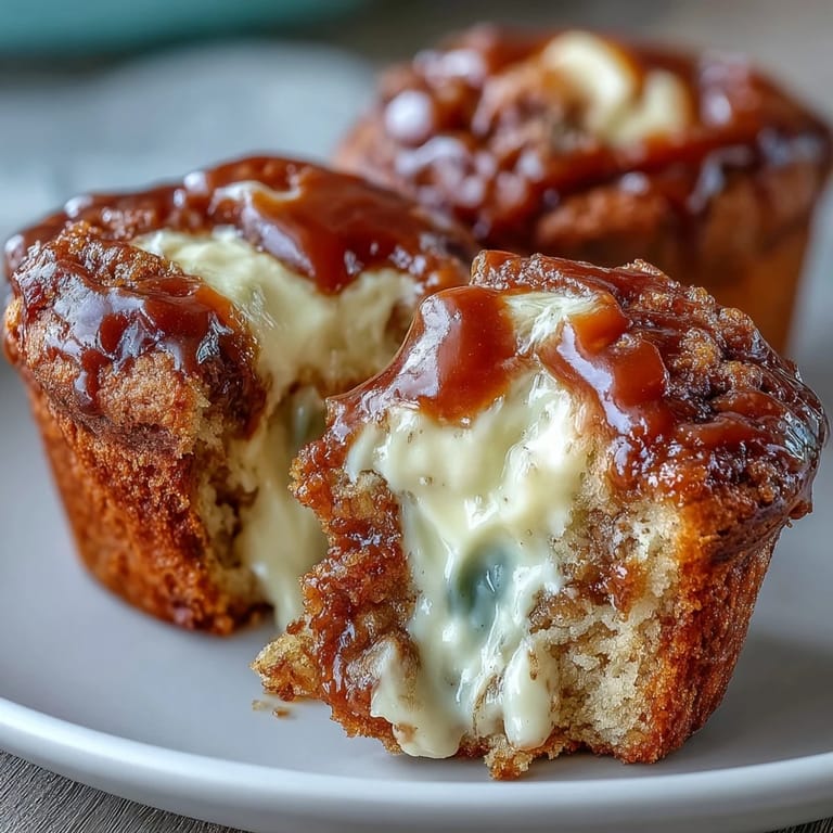 Warm, moist Caramel Cream Cheese Swirl Muffins topped with gooey caramel sauce, perfect for a cozy coffee break snack.