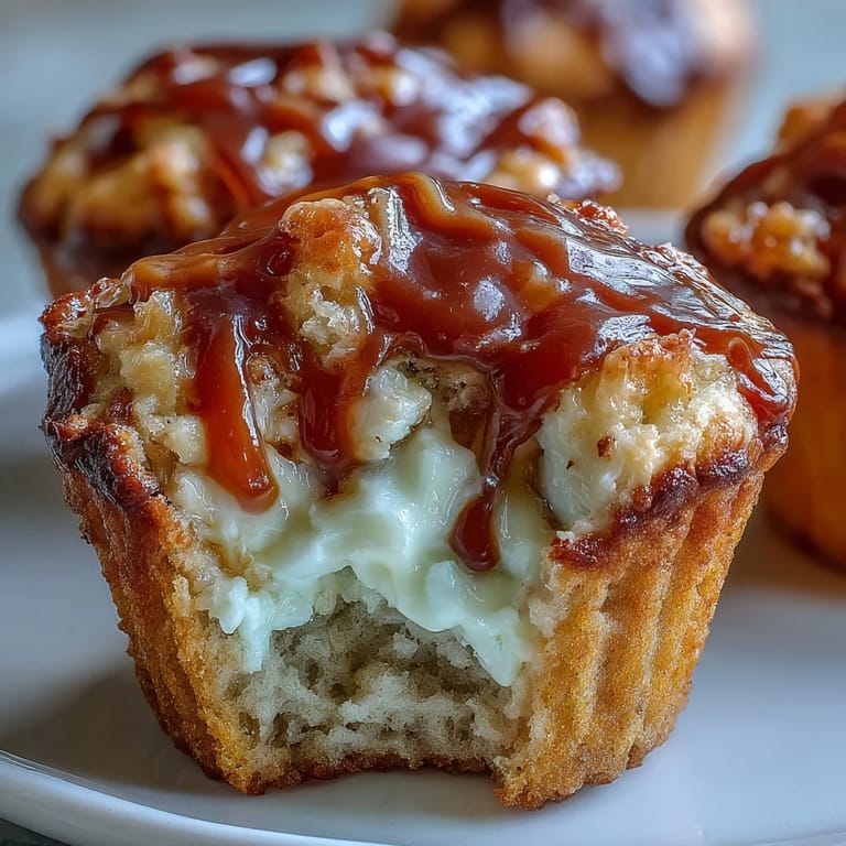 Freshly baked Caramel Cream Cheese Swirl Muffins with golden edges and a visible cream cheese filling on a rustic plate.