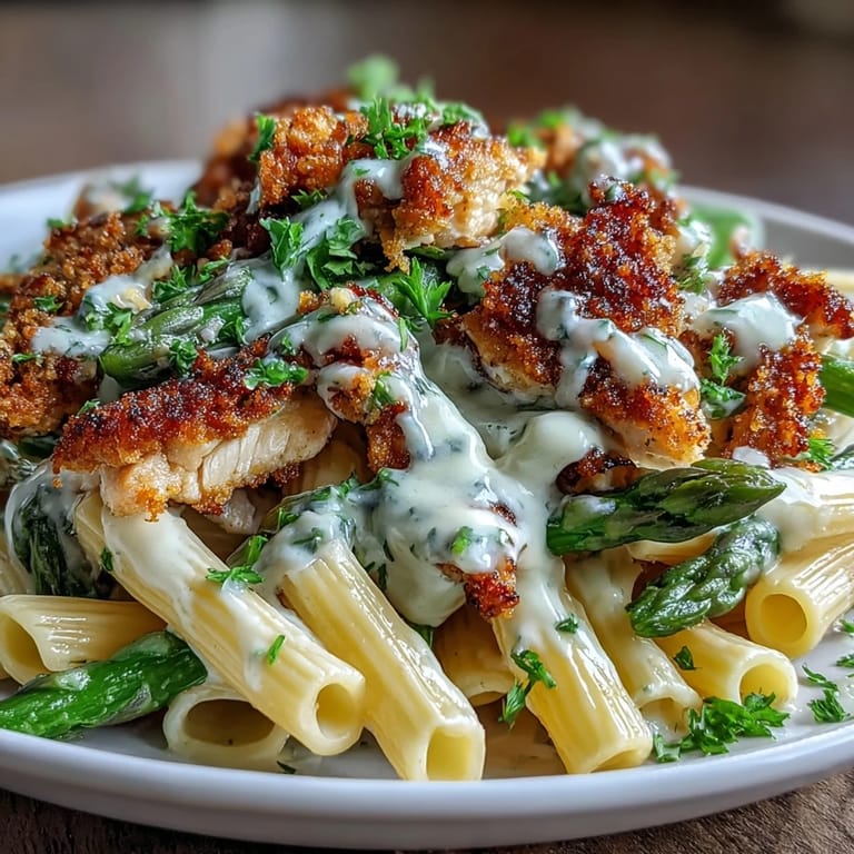 Close-up of Crispy Parmesan Asparagus Chicken Pasta revealing golden crumbs, fresh parsley, and a creamy coating.