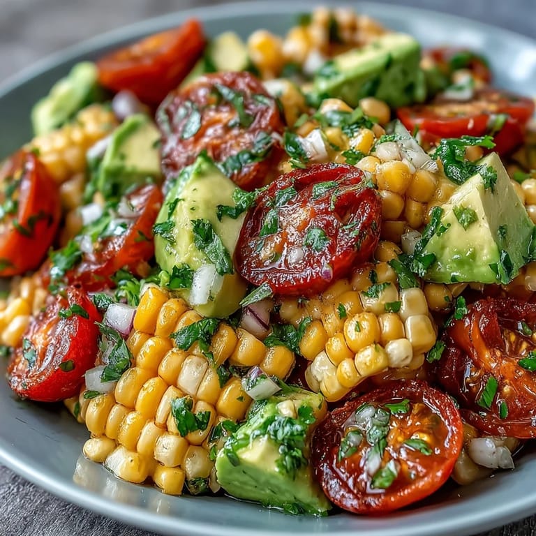 Summer Fresh Corn and Tomato Salad with Avocado and Lime topped with crumbled feta and a lime wedge, perfect for a light side dish.