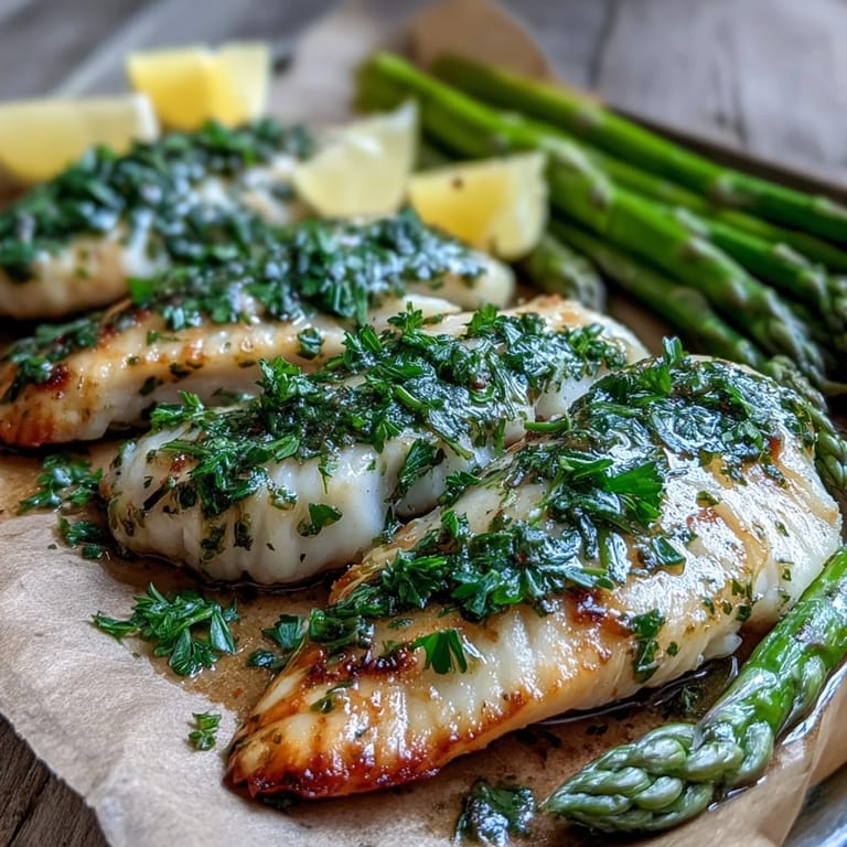 Flaky baked tilapia fillets seasoned with lemon and herbs, alongside vibrant green steamed asparagus tossed in olive oil.
