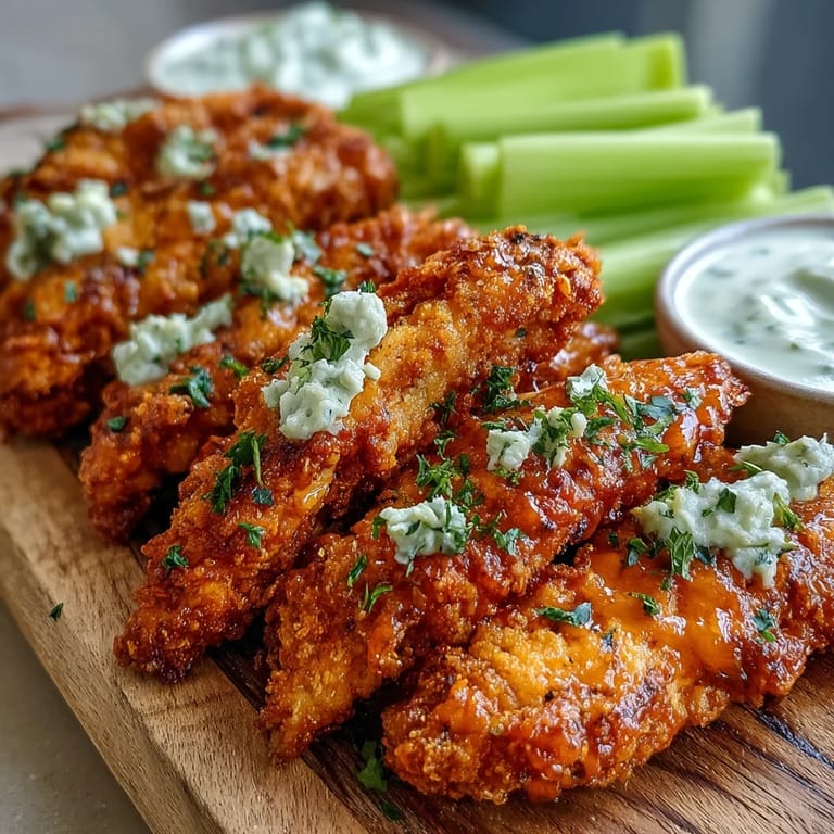 Sizzling Keto Buffalo Ranch Chicken Tenders on a platter, garnished with fresh herbs, ranch, and celery for dipping.
