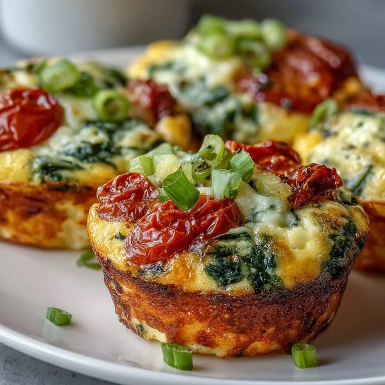A close-up of High-Protein Egg Muffin Cups with Spinach and Tomatoes, featuring vibrant green spinach and red tomato chunks.