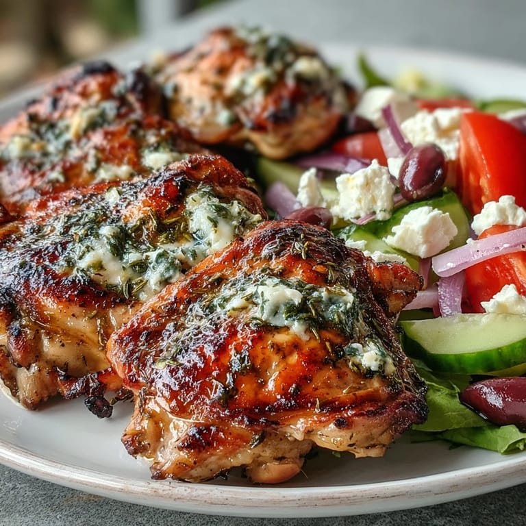 Juicy Grilled Lemon Herb Chicken Thighs with Greek Salad plated for a Mediterranean family dinner, garnished with fresh herbs.