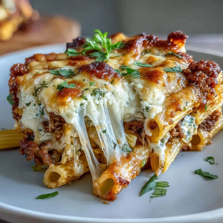 Protein-packed cottage cheese pasta bake with ground beef, featuring whole wheat penne and rich marinara in a family-friendly casserole.