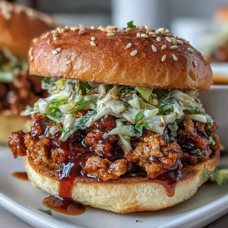 Gochujang-glazed ground turkey simmers in a savory-sweet sauce, nestled in slider buns with tangy sesame slaw for a Korean twist.  
