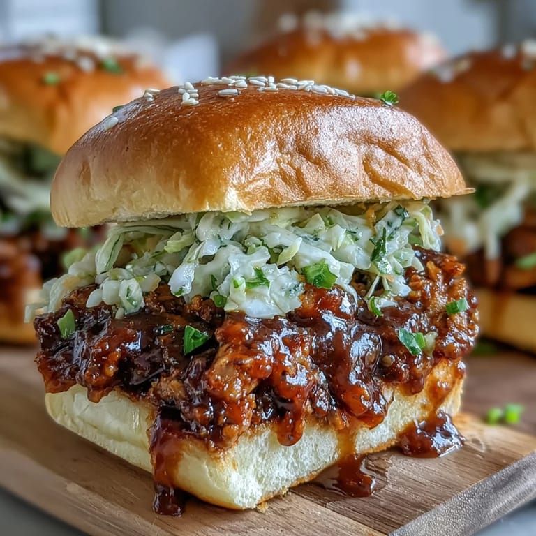 Warm Korean-inspired turkey sliders feature bold gochujang flavor, topped with crisp vegetable slaw and sesame seeds for texture and color.