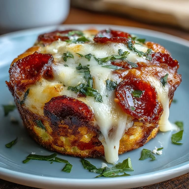 Savory pepperoni and cheese breakfast cups bursting with classic pizza flavors, perfect for a protein-rich morning meal on the go.