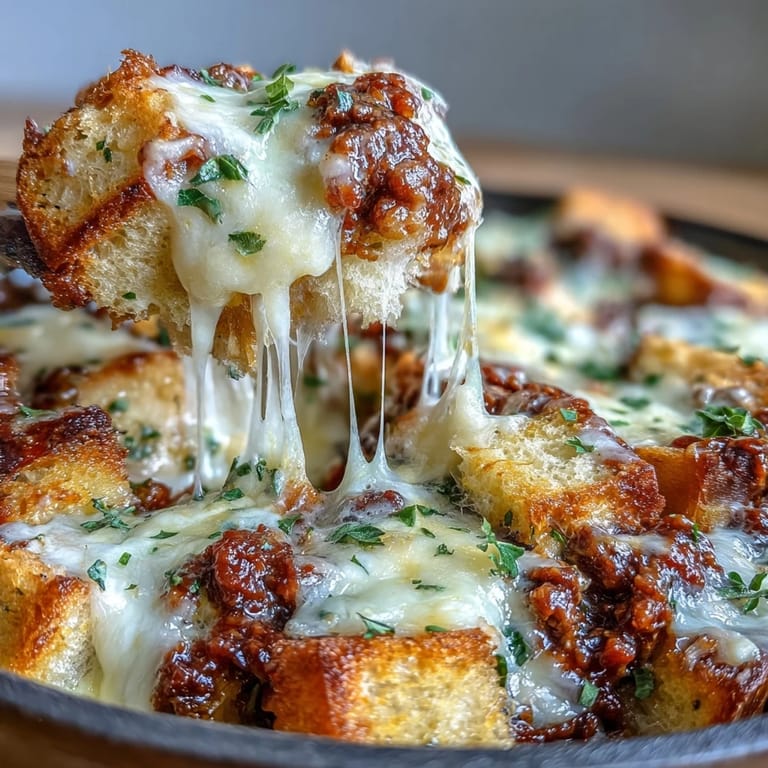 Buttery garlic bread and savory meat sauce baked together with ricotta and mozzarella in a skillet.