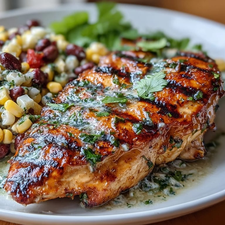 A vibrant plate of grilled lime cilantro chicken paired with a fresh corn and black bean salad, perfect for a healthy and satisfying meal.