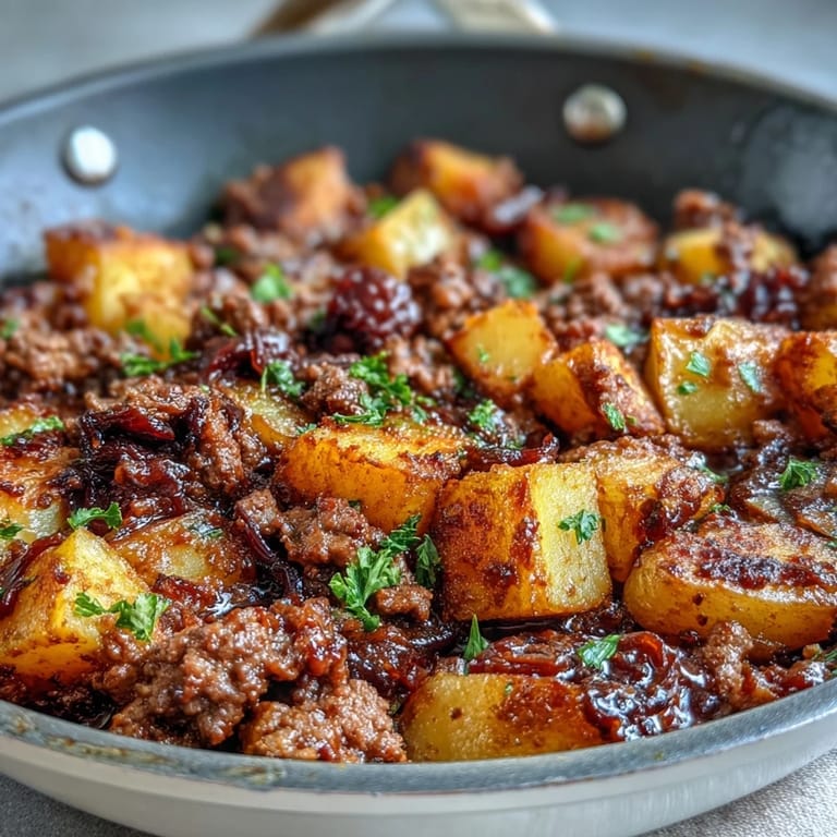 Savory one-pan dish featuring tender ground beef and crispy potatoes, delivering 36 grams of protein per serving for a filling dinner.