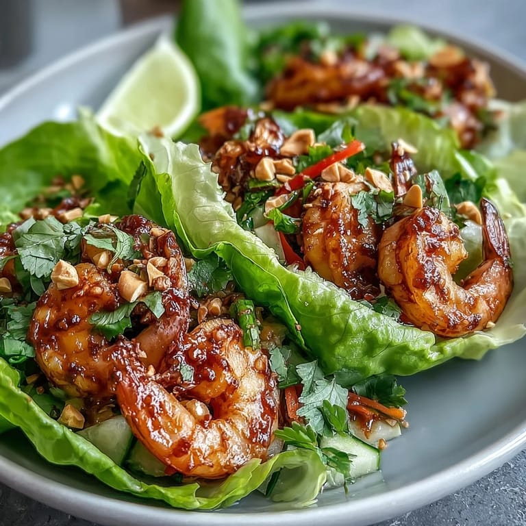 Delicious shrimp lettuce wraps drizzled with homemade peanut sauce, served with julienned carrots, bell peppers, and chopped peanuts for a satisfying, dairy-free main course.