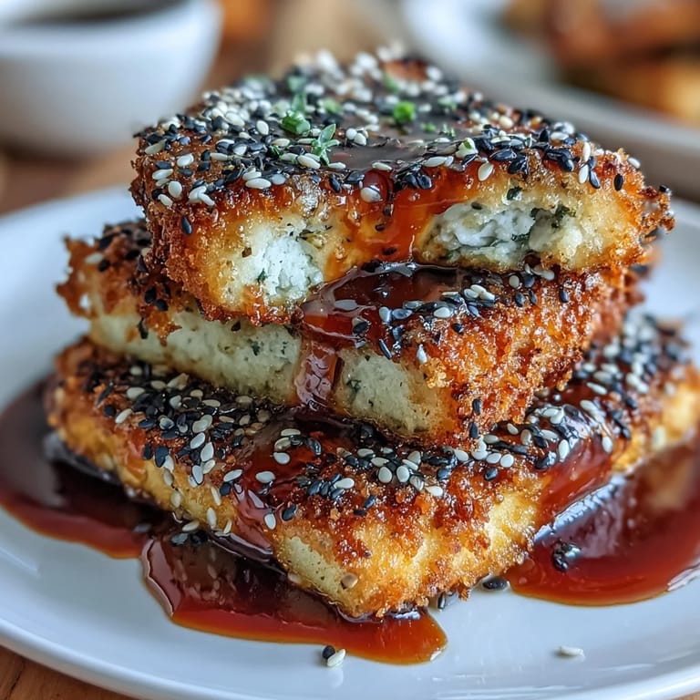 A vibrant vegan dish of tofu steaks with a crunchy sesame coating, glazed in glossy teriyaki and topped with sliced green onions.