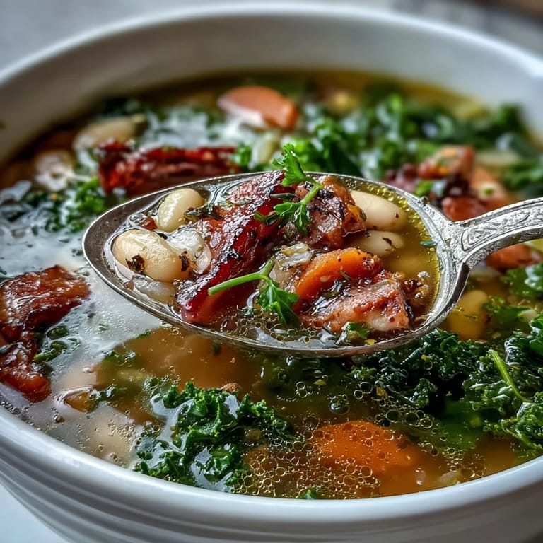 Rich and hearty Ham and Kale White Bean Soup featuring smoky ham, tender vegetables, and nutritious kale in a comforting winter meal.