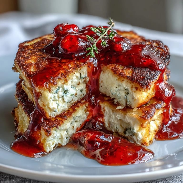 Protein-packed cottage cheese pancakes served with sweet, tangy strawberry syrup for a satisfying morning meal.