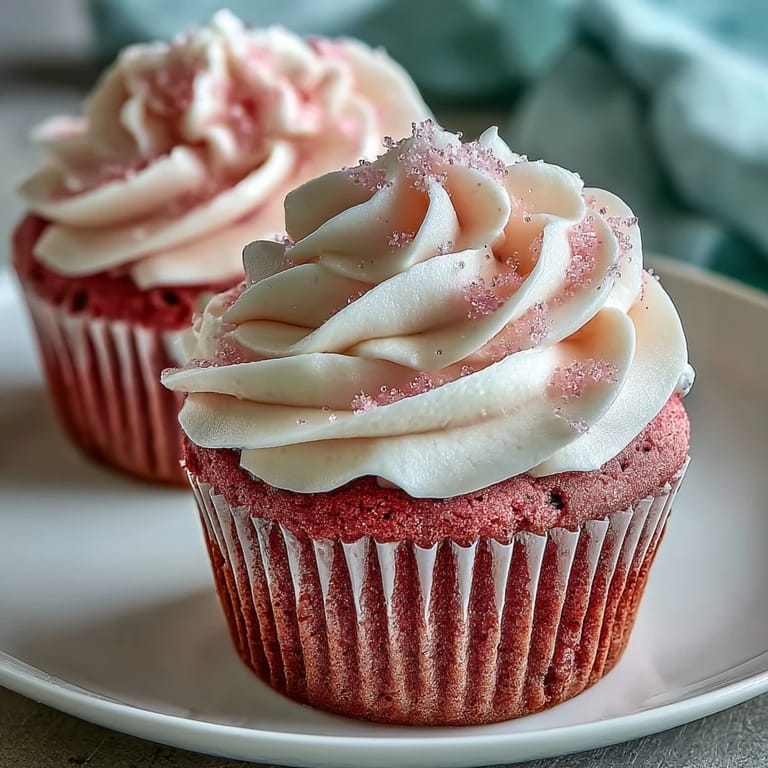 Fluffy pink velvet cupcakes with smooth cream cheese frosting, decorated with festive sprinkles for a sweet Valentine's treat.