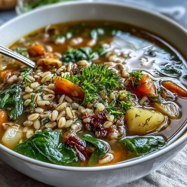 A comforting bowl of vegetable soup with pearl barley, cabbage, and fresh greens, perfect for seasonal transitions.  