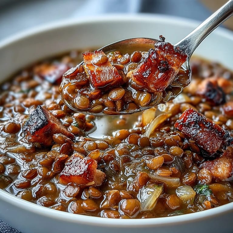 A hearty, rustic stew simmering with diced ham, sweet onions, and earthy lentils in a rich, savory broth.