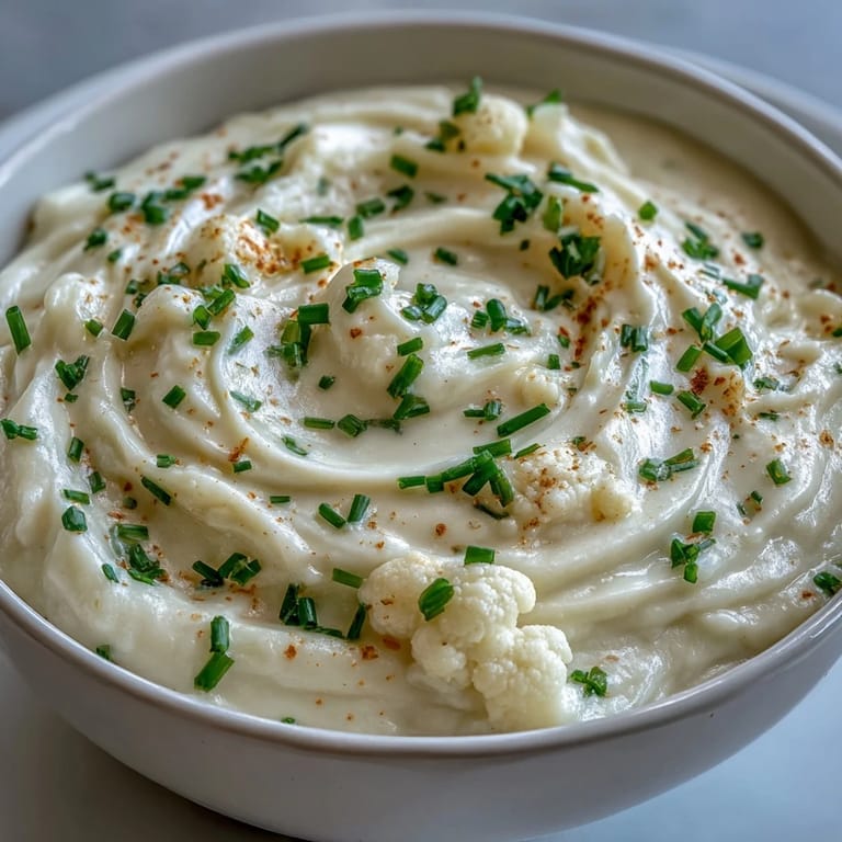 A steaming bowl of velvety onion and cauliflower soup, rich and smooth with a sprinkle of parsley.