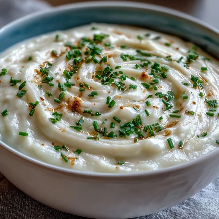 Close-up of blended cauliflower and onion soup, creamy texture with a golden hue and fresh herb garnish.