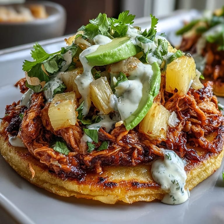 Toasted corn tostadas piled high with seasoned shredded chicken, fresh pineapple salsa, and a cool lime crema drizzle.