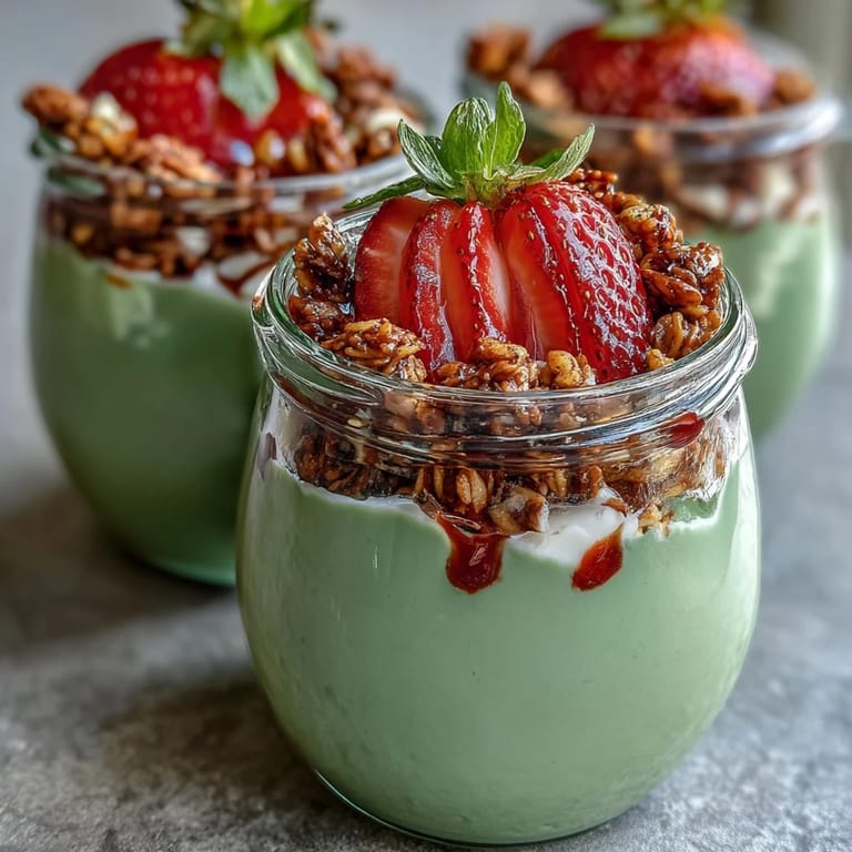 Creamy matcha yogurt and juicy strawberries create a colorful parfait with granola crunch, garnished with nuts and mint for added texture.