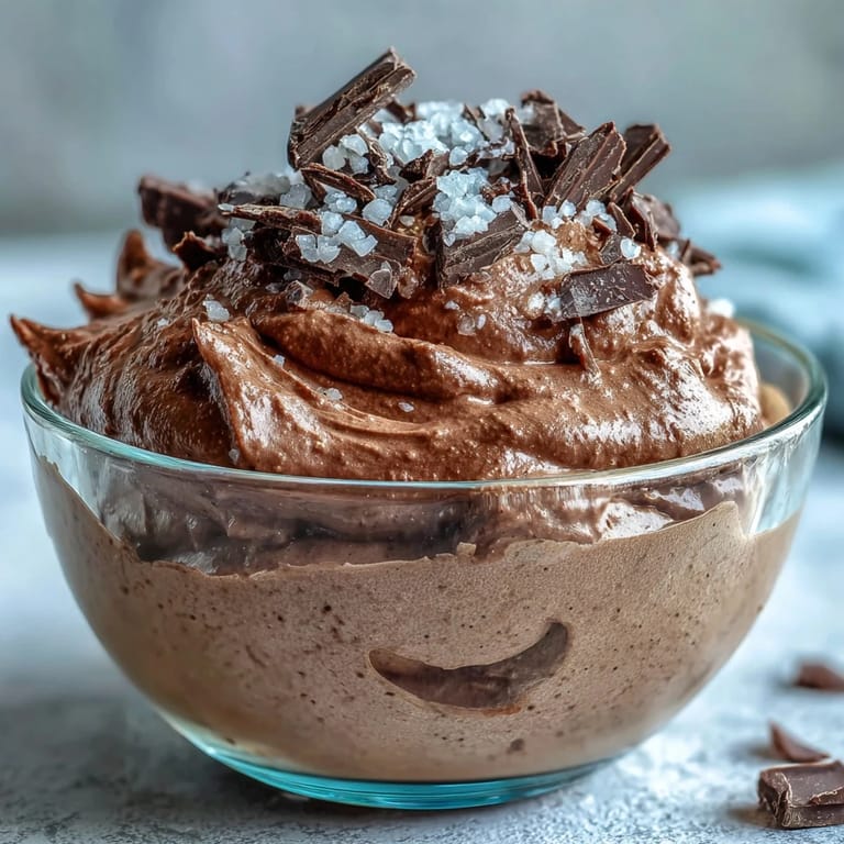 Creamy Greek yogurt blended with cocoa and sea salt for a light, high-protein dessert in elegant serving glasses.  