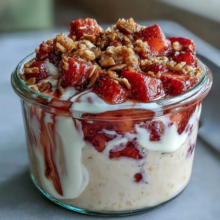 Creamy strawberry cheesecake overnight oats with fresh diced strawberries and a crunchy graham cracker crumble topping, perfect for a healthy, indulgent breakfast.