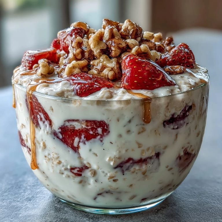 Strawberry Banana Bread Overnight Oats with Walnuts, packed with fiber and flavor, perfect for a quick, healthy morning meal.