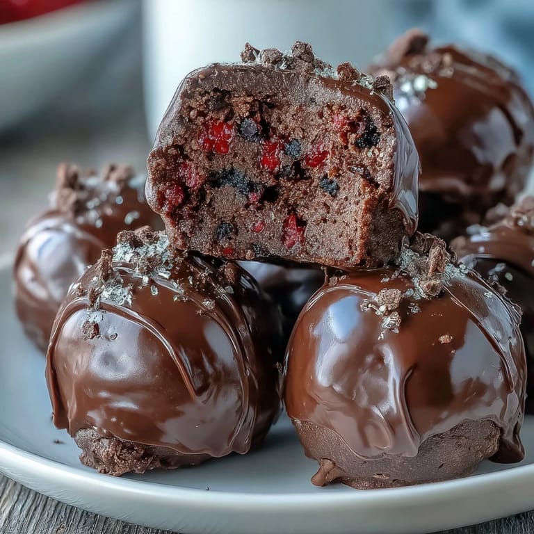 Luxurious Dubai-inspired chocolate truffles featuring rich dark chocolate, freeze-dried strawberry centers, and a touch of gold elegance for a decadent dessert experience.