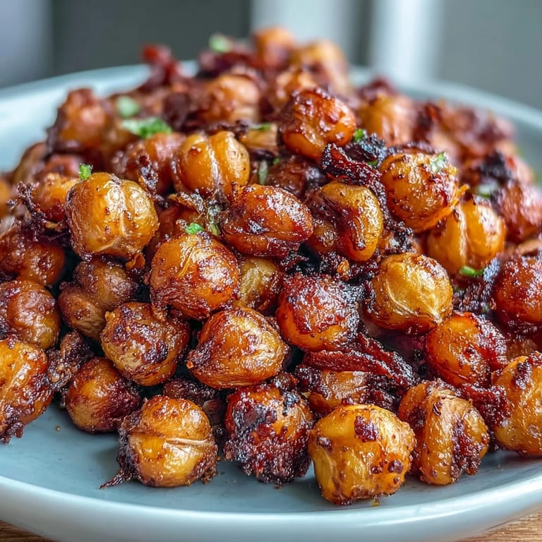 A close-up of crispy baked chickpeas, showcasing their crunchy texture and savory sea salt seasoning.  