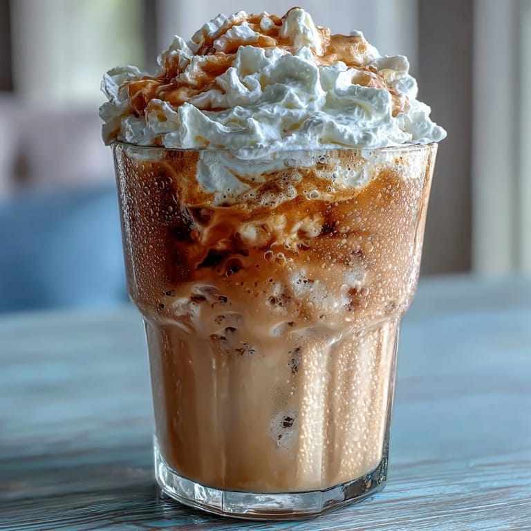 Refreshing coffeehouse-style vanilla bean frappuccino topped with fluffy coconut whipped cream, perfect for a warm afternoon treat.