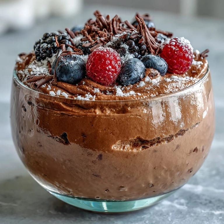 Creamy, protein-rich chocolate mousse made with cottage cheese, garnished with juicy mixed berries and fresh mint leaves for a refreshing dessert.  