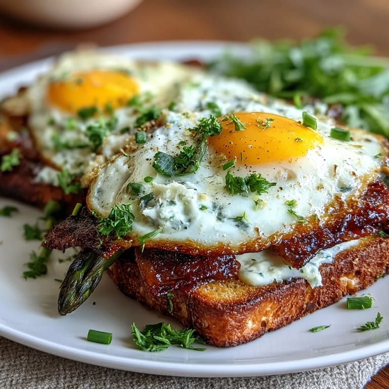 Golden tartines topped with scrambled eggs, tender asparagus spears, and a sprinkle of fresh herbs for a vibrant brunch.