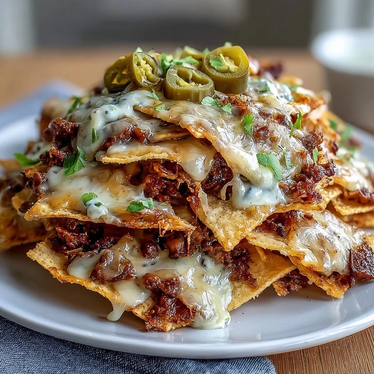 Loaded Baseball Nachos with Jalapeños and Cheese Sauce: hearty platter of nachos with juicy beef, creamy cheese sauce, and spicy jalapeño slices.  