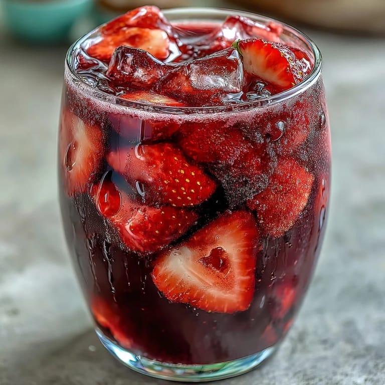 Vibrant Homemade Strawberry Açaí Refresher served over ice with sliced strawberries and a hint of mint for a cool, fruity drink.