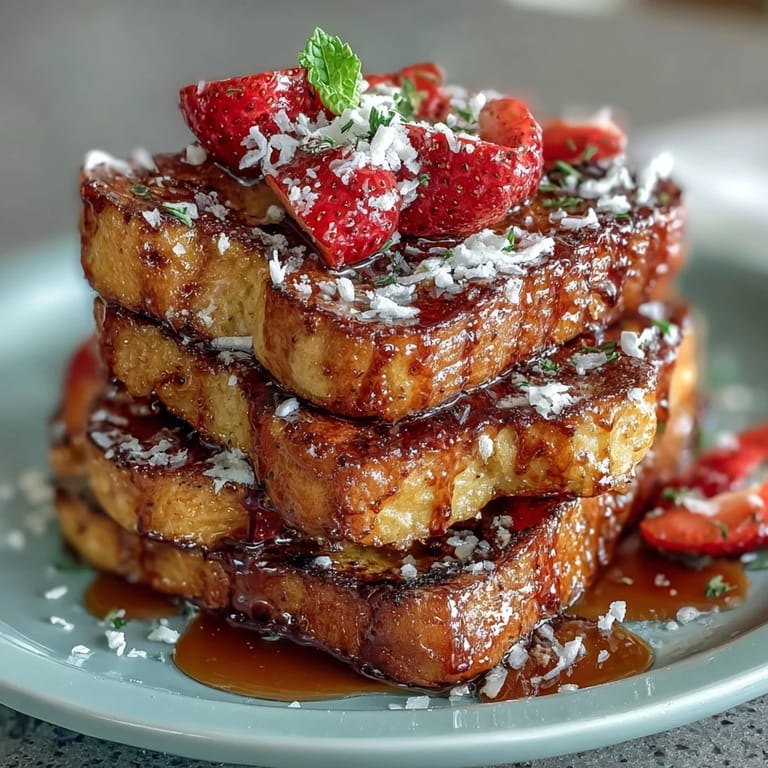 Layered Strawberry French Toast Bake: fluffy brioche soaked in vanilla custard, topped with sliced almonds and turbinado sugar.