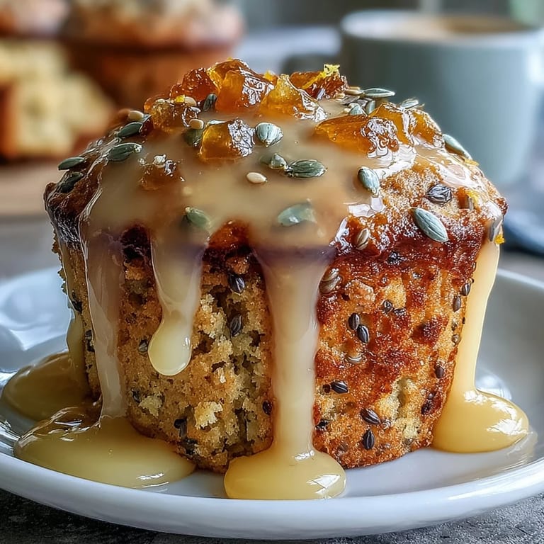 Golden muffins speckled with poppy seeds and drizzled with tangy lemon glaze, served fresh from the oven for a sunny morning treat.