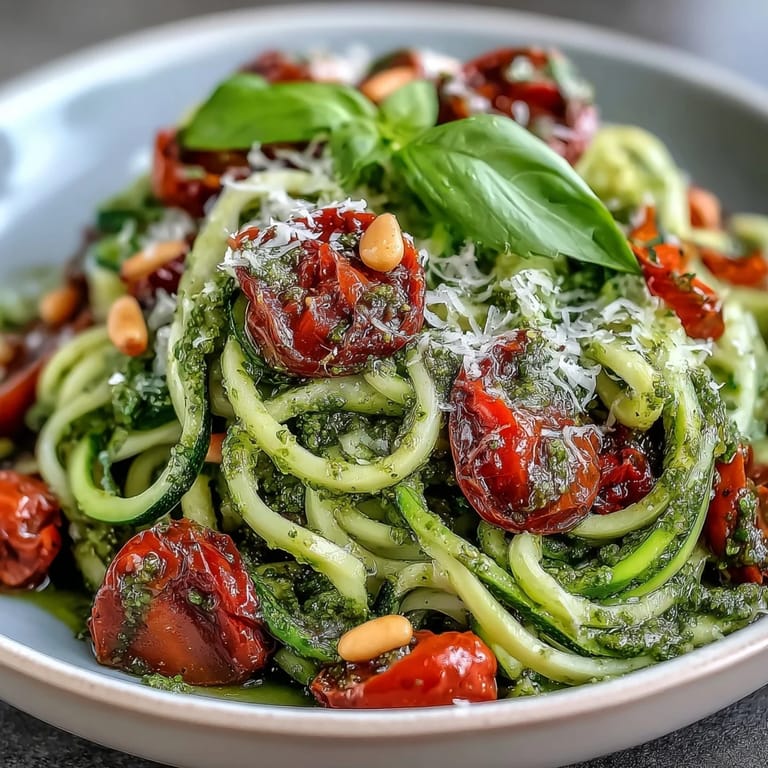 Light and healthy Zucchini Noodles with Pesto and Cherry Tomatoes, served with a sprinkle of Parmesan and fresh herbs.