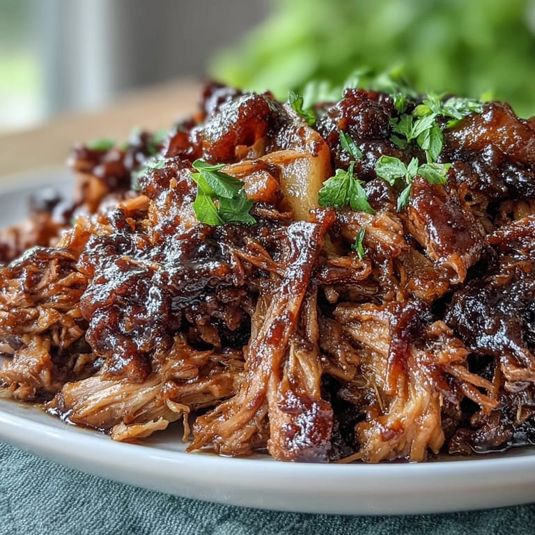 Juicy shredded pork simmered in honey peach BBQ sauce, perfect for summer sandwiches or sliders.