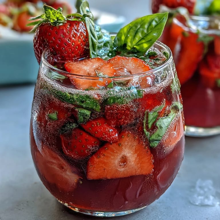 Sparkling strawberry basil sangria mocktail garnished with fresh fruit and herbs, perfect for summer parties.