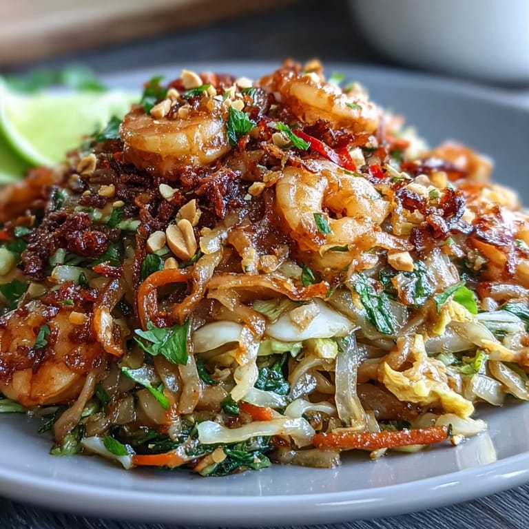 A colorful plate of Cabbage Pad Thai, featuring tender-crisp cabbage noodles, zesty lime, and a sprinkle of roasted peanuts for texture.